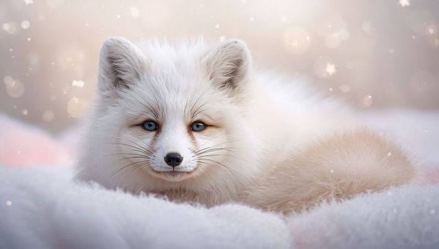 Resting arctic fox pup with blue eyes and fluffy tail on soft snowy blanket with bokeh lights
