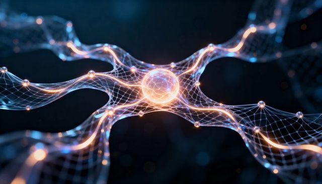Glowing neural network orb with wireframe lattice and luminous nodal connections, digital