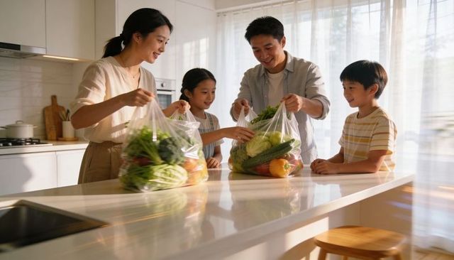 Family unpacking fresh produce at bright modern kitchen island, parents and kids smiling