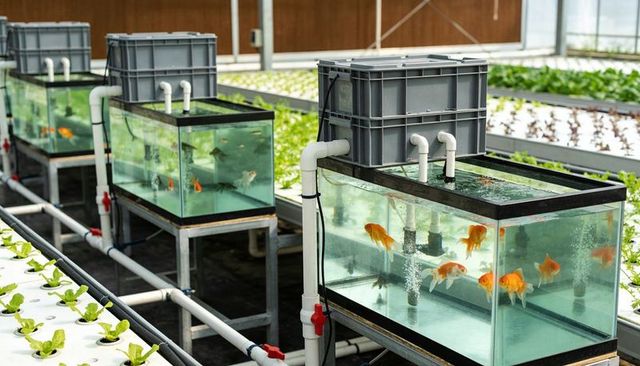 Aquaponics goldfish tanks circulating nutrient-rich water along hydroponic grow beds