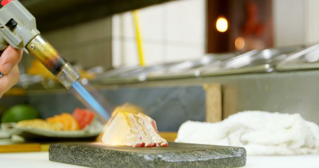 Chef Torch Searing Fresh Salmon Fillet in Modern Kitchen - Download Free Stock Images Pikwizard.com