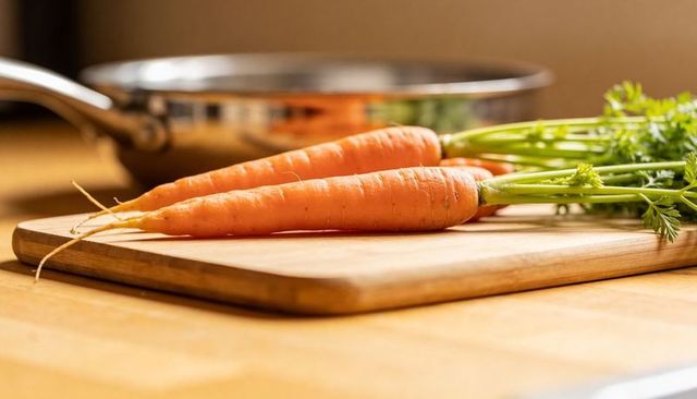 Fresh whole carrots resting on wooden cutting board with stainless pan blurred background