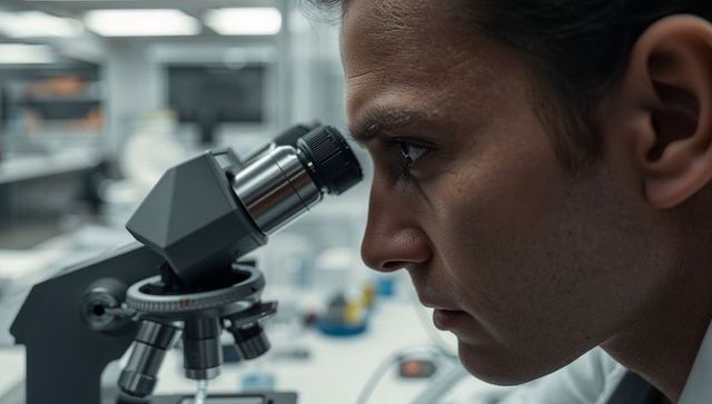Male Researcher Examining Slide Through Microscope, Focused Expression in Modern Lab