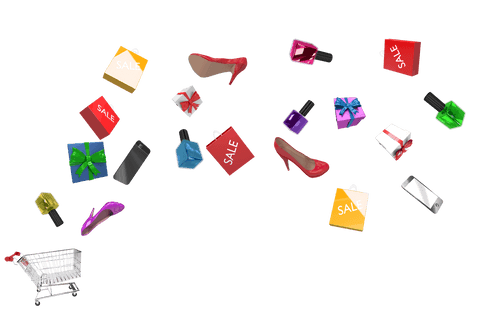 Floating retail goods and shopping icons on transparent background