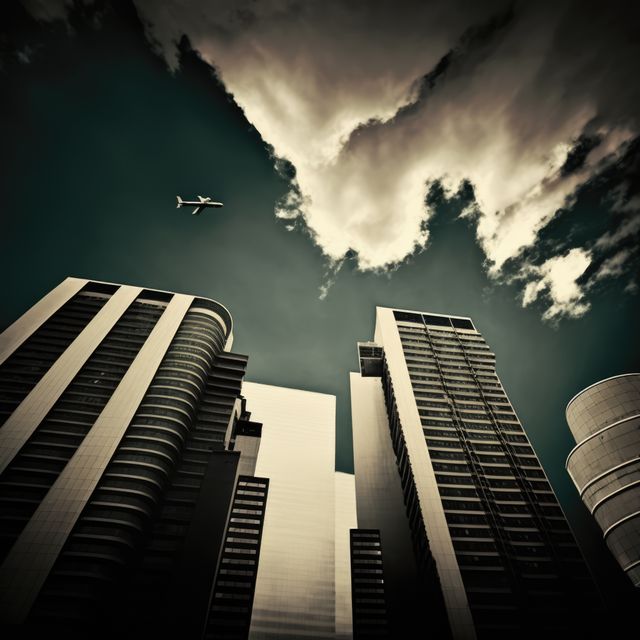 Dramatic image captures modern skyscrapers from below, with an airplane flying in the clouded sky. This urban scene is ideal for business publications, travel advertisements, and architectural showcases, highlighting themes of modern infrastructure and urban life. The juxtaposition of the towering buildings and dynamic sky adds an element of motion and grandeur.