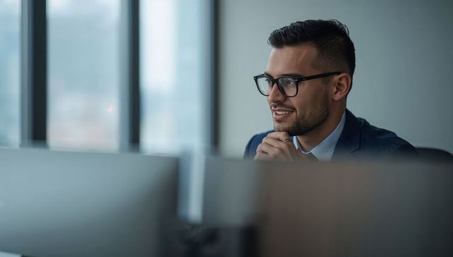 Young executive wearing glasses smiling at monitor in modern open-plan office workspace