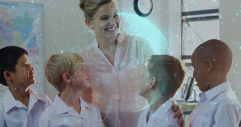 Smiling teacher guiding diverse students around holographic globe in modern classroom stem