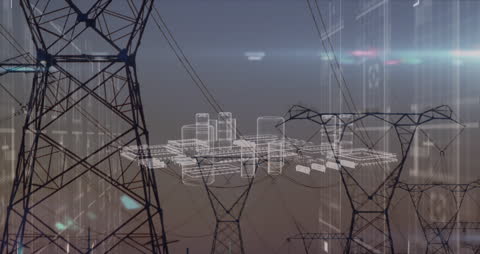 Digital City Overlay with Electricity Towers and Data Interface Concept