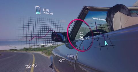 futuristic dashboard and biracial woman traveling in convertible - Download Free Stock Images Pikwizard.com
