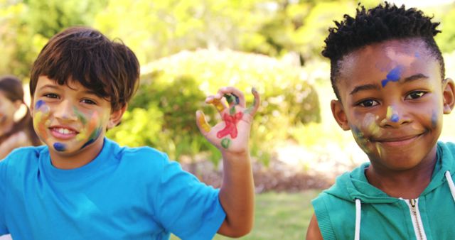 Cheerful Kids With Painted Faces Enjoying Outdoor Art Activities - Download Free Stock Images Pikwizard.com