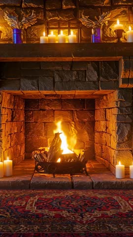 Flames dancing on stone hearth warming rustic room with candlelight vertical video