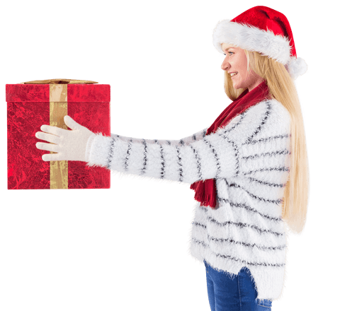 Smiling woman in santa hat holding red gift box transparent background