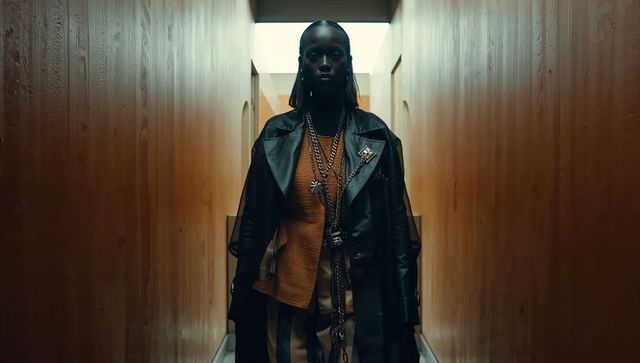 Moody Cinematic Fashion Standing Model Wearing Leather Coat and Chains in Wood Corridor