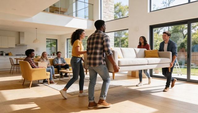 Friends moving sofa into bright modern open-plan living room during move-in