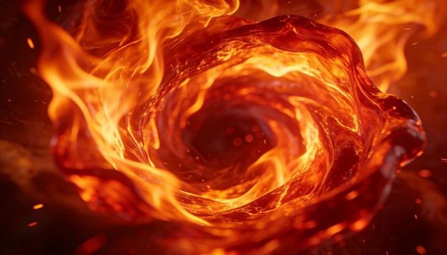 Swirling molten fire vortex burning with glossy liquid flame and floating embers abstract