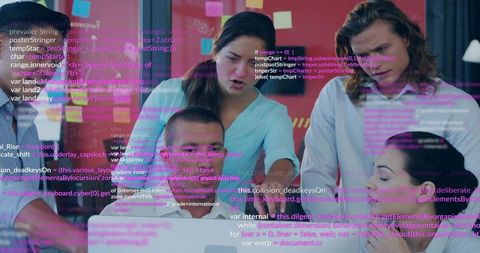 Five colleagues collaborating around laptop with sticky notes and code overlay, teamwork