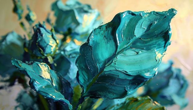 Impasto teal leaf painting with palette-knife texture and metallic turquoise highlights