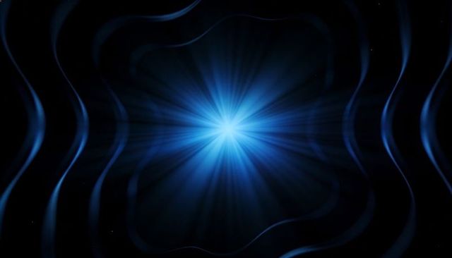 Radiating azure starburst portal with radial light beams and flowing ribbons, cosmic