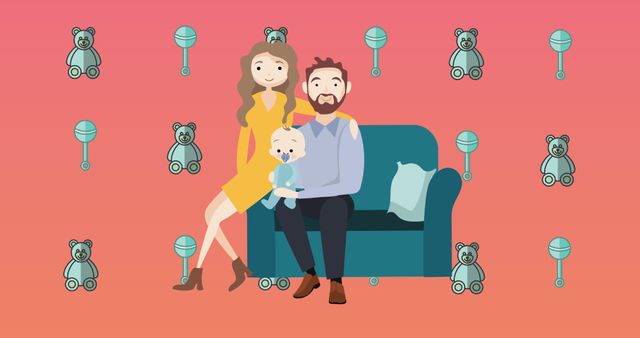 Illustration depicting happy family embracing. Parents holding and comforting baby while sitting on sofa. Ideal for use in content emphasizing family bonding, love, support, and nurturing. Suitable for parenting blogs, family-oriented advertisements, or greeting cards expressing familial affection.