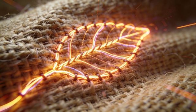 Glowing leaf wire ornament on burlap macro showing braided veins, frayed fibers and sparks