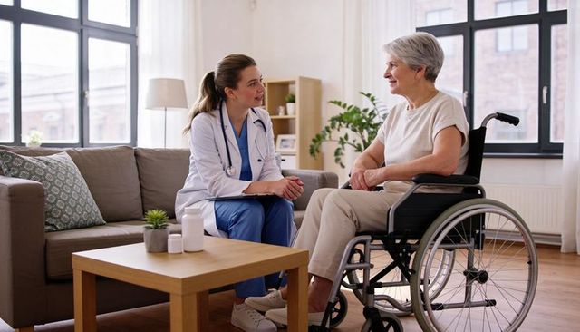 Home nurse consulting senior woman in wheelchair during compassionate in-home care visit
