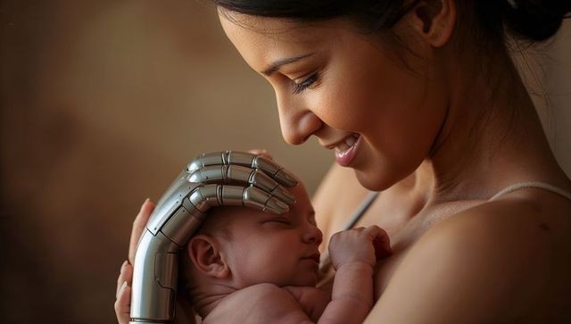 Asian Mother Holding Newborn With Robotic Hand Symbolizing Futuristic Parenting