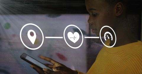 African American Woman Using Digital Tablet on Bus with Infographics