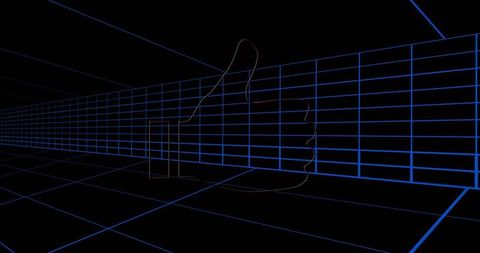 Futuristic wireframe thumbs-up in neon grid corridor
