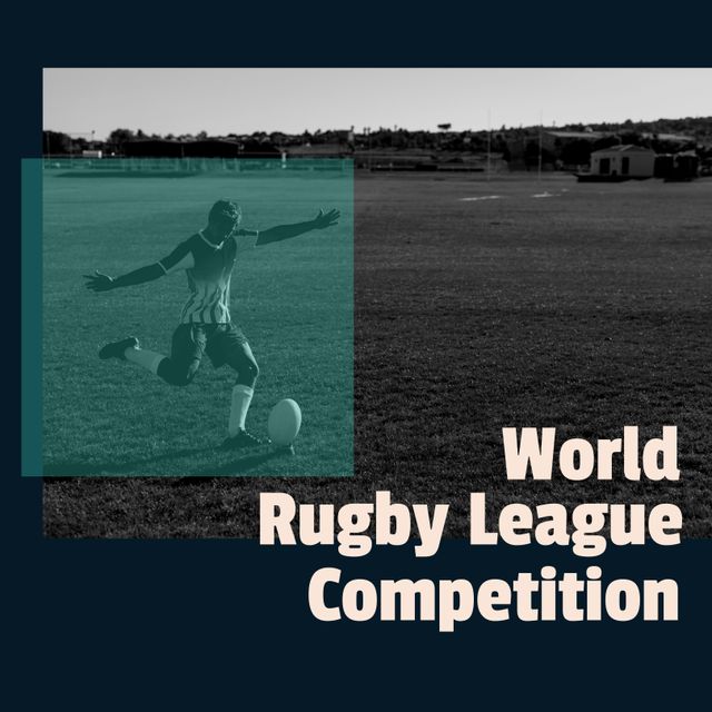 Composition of rugby league competition text over african american female rugby player. Rugby league competition and celebration concept digitally generated image.
