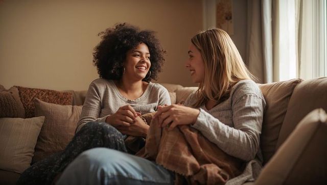 Two women smiling and chatting on cozy beige sofa holding blanket relaxed home moment