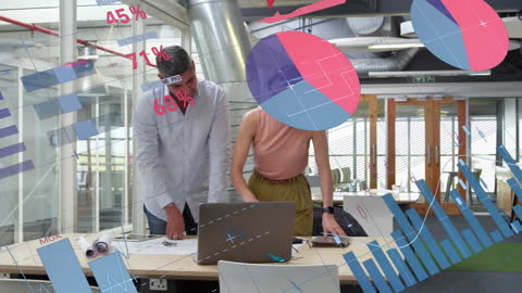 Diverse Team Discussing Data Analysis in Modern Office with Animated Graphs