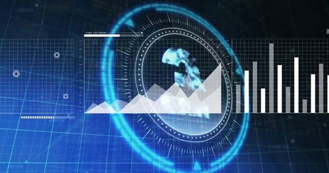 Holographic data dashboard with central reticle, rising metrics and grid visualization