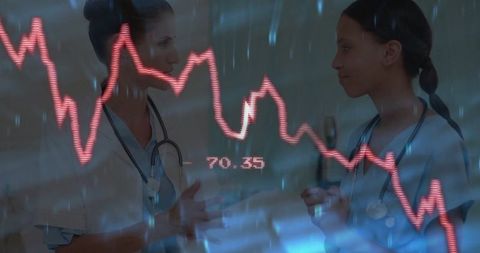 Clinical team analyzing data with drop graph overlay