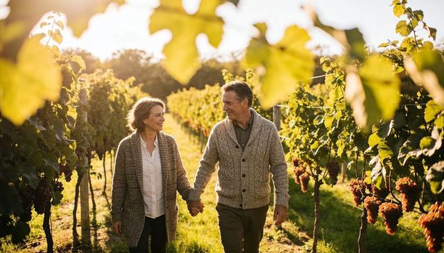Senior couple walking hand-in-hand through sunlit vineyard during golden hour romance