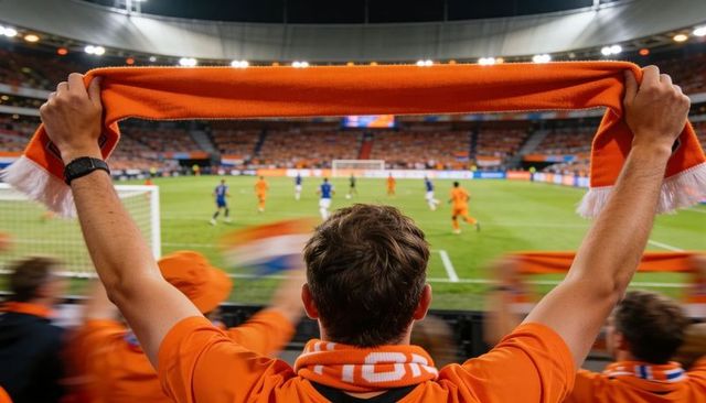 Dutch football fan raising orange scarf cheering during night stadium match