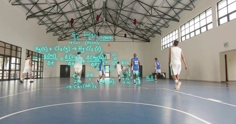 Basketball team practicing on indoor court with teal scientific equations overlay for coaching