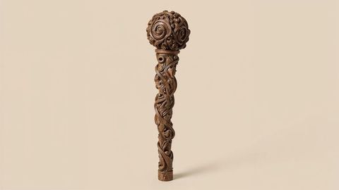 Intricately carved wooden staff with botanical designs