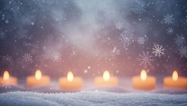 Glowing Tea Light Candles Flickering on Snowy Tabletop with Falling Snowflake Bokeh