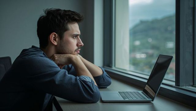 Contemplative young man leaning on hands, gazing out window beside laptop on minimalist desk