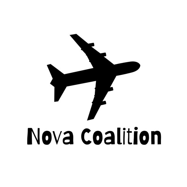 The illustration features a black silhouette of a jet plane above the text 'Nova Coalition' in matching black font against a white background. This clean and minimalist design is well-suited for use in aviation or travel industry branding, as part of corporate identity materials, marketing collateral, or website design.