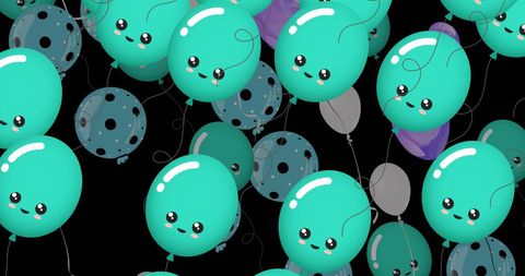 Cute Blue and Purple Animated Balloons with Happy Faces on Black