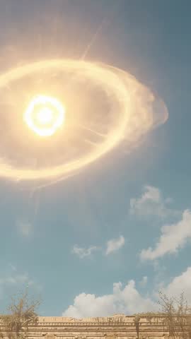 Golden ring materializing and rotating above rooftop edge in mystical vertical video