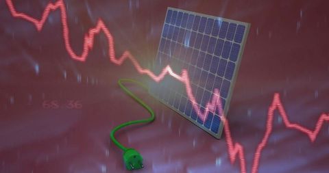 visual fx represents relationship between renewable energy technology, highlighted by a solar panel, and economic changes by overlapping graph imagery to showcase fluctuating trends within energy sectors. use for illustrating impact of renewable energy on market investments or in educational materials emphasizing green technology growth.