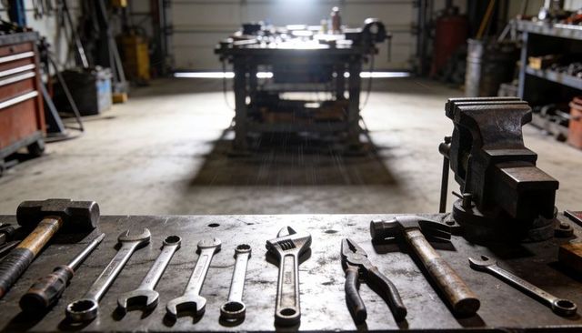 Arranging hand tools on metal workbench, featuring bench vise and press in garage