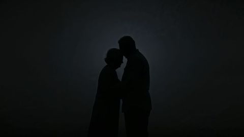 Old people in silhouette embracing under twilight sky
