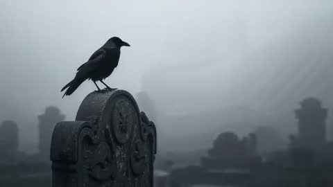 Solitary Crow Perched on Cemetery Headstone in Dense Fog