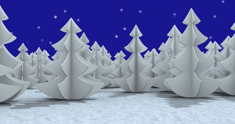 Abstract Winter Landscape with Christmas Tree Icons and Snowflakes