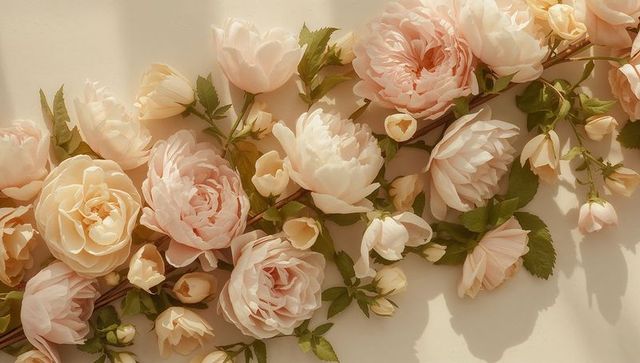 Pale peach blush garden roses arranging on warm beige flatlay for romantic vintage decor