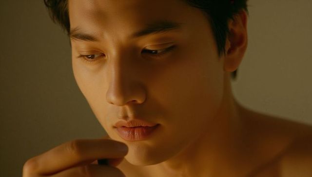 Contemplative asian man holding small object while gazing downward in warm portrait