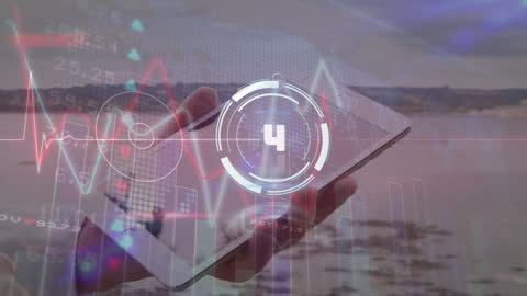 Man at Beach Using Tablet with Digital Data Overlay